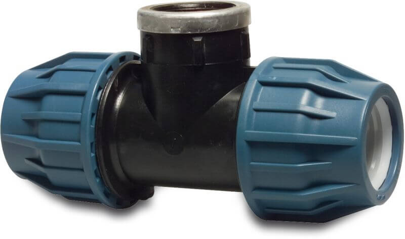 Jason Adaptor T-piece 90° PP DVGW/KIWA/WRAS/SVGW 16 bar compression x female thread x compression black/blue Jason Adaptor T-piece 90° PP DVGW/KIWA/WRAS/SVGW 16 bar compression x female thread x compression black/blue